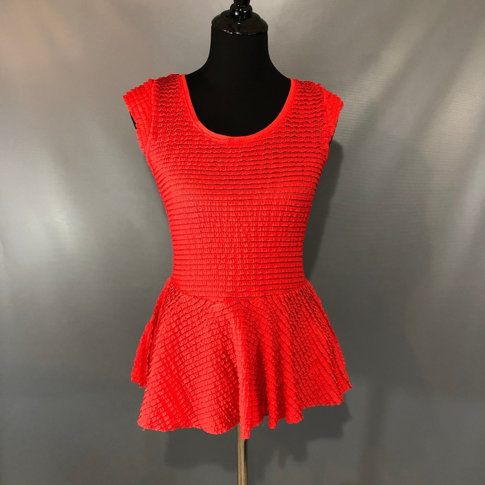 ZARA Red Rouched Sheer Peplum Blouse - Medium